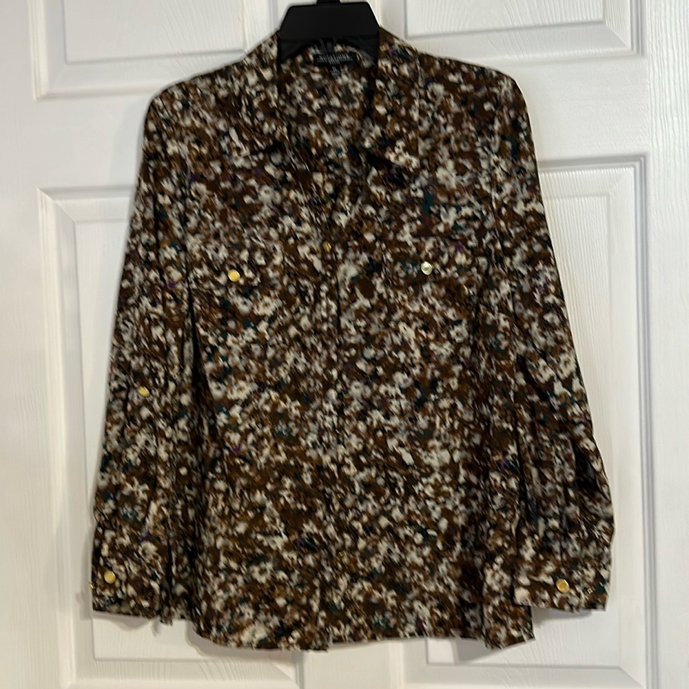 Women’s Petite L NOTATIONS Button (Gold)Up Blouse W/Front Pockets/Cuffed Sleeves